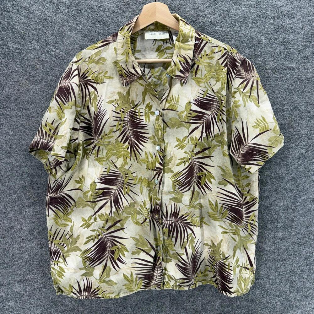 Lemon Grass Shirt Men XL Beige Floral Button Up Collared Short Sleeve Linen